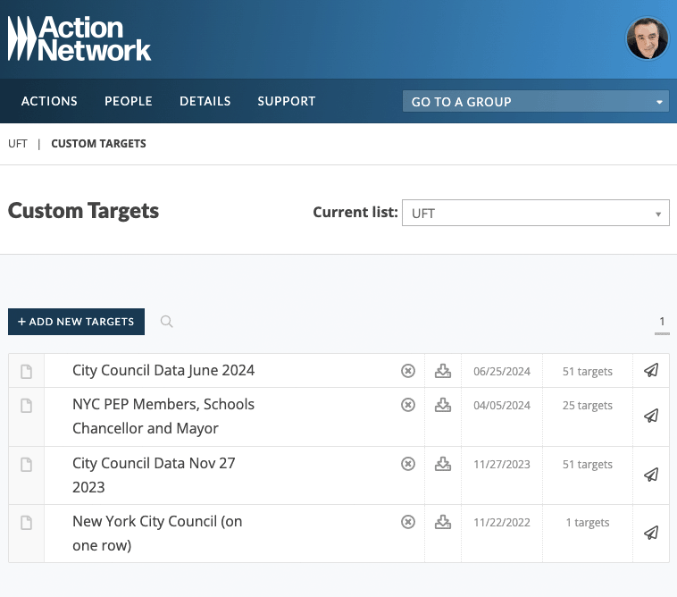 Action Network - Custom Target List page