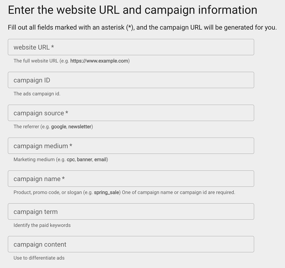 Screenshot of Google Campaign Builder form